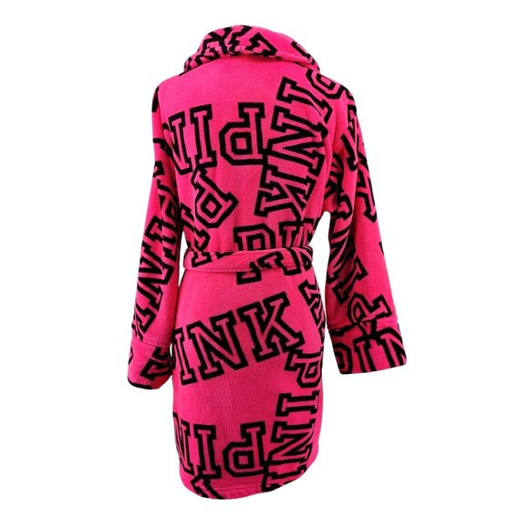 Victoria Secret Pink Size M Hot Pink Logo in Black Fleece Bathrobe with Belt - Picture 5 of 11